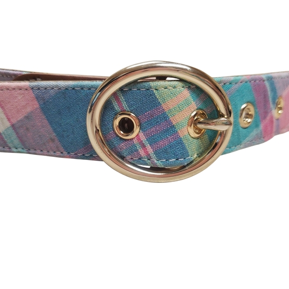 Talbots Pastel Madras Plaid and Leather Belt - Picture 2 of 10